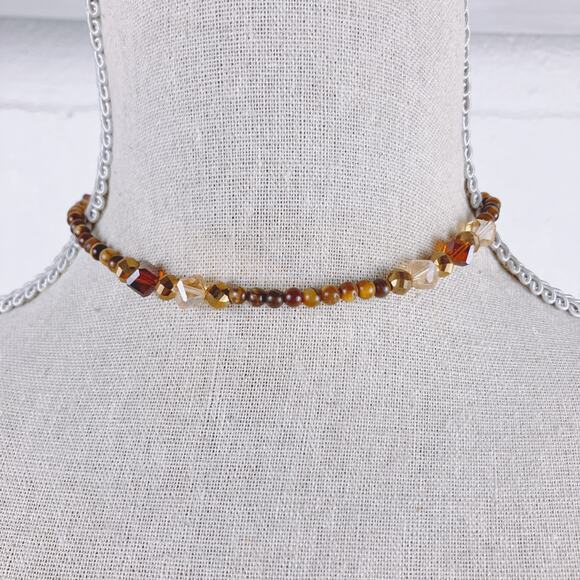 Vintage Tiger Eye Gemstone Necklace Amber Glass Beaded Choker Silver Tone Toggle - Picture 2 of 12